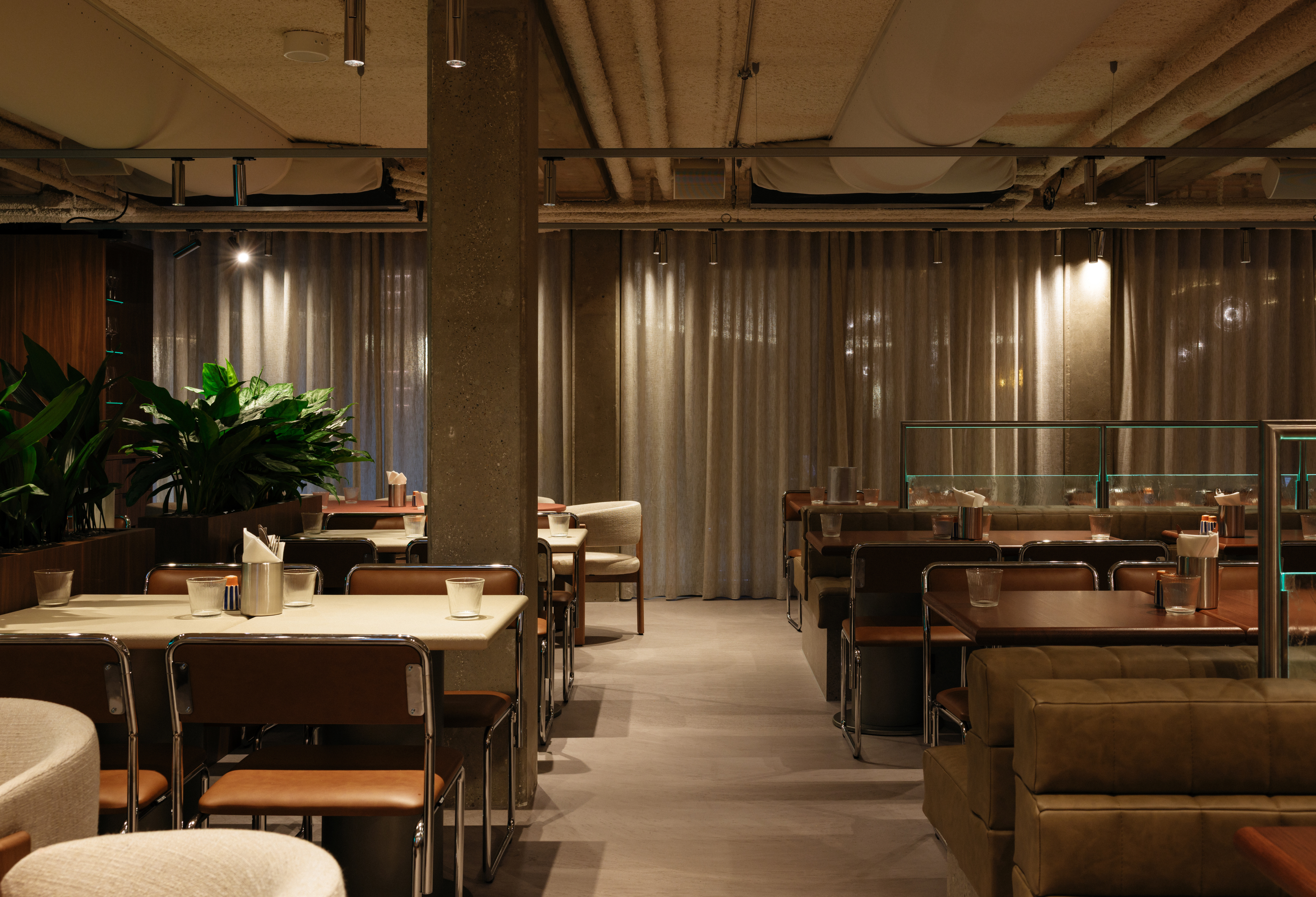 Modern restaurant interior with tables, chairs, and plants.