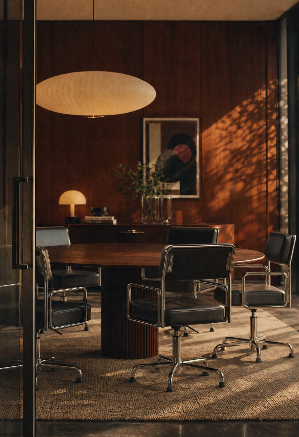 A modern meeting room scene with a round wooden conference table surrounded by black leather office chairs with chrome bases. A large oval pendant light hangs overhead, and warm sunlight streams across a wood-paneled wall and rug.