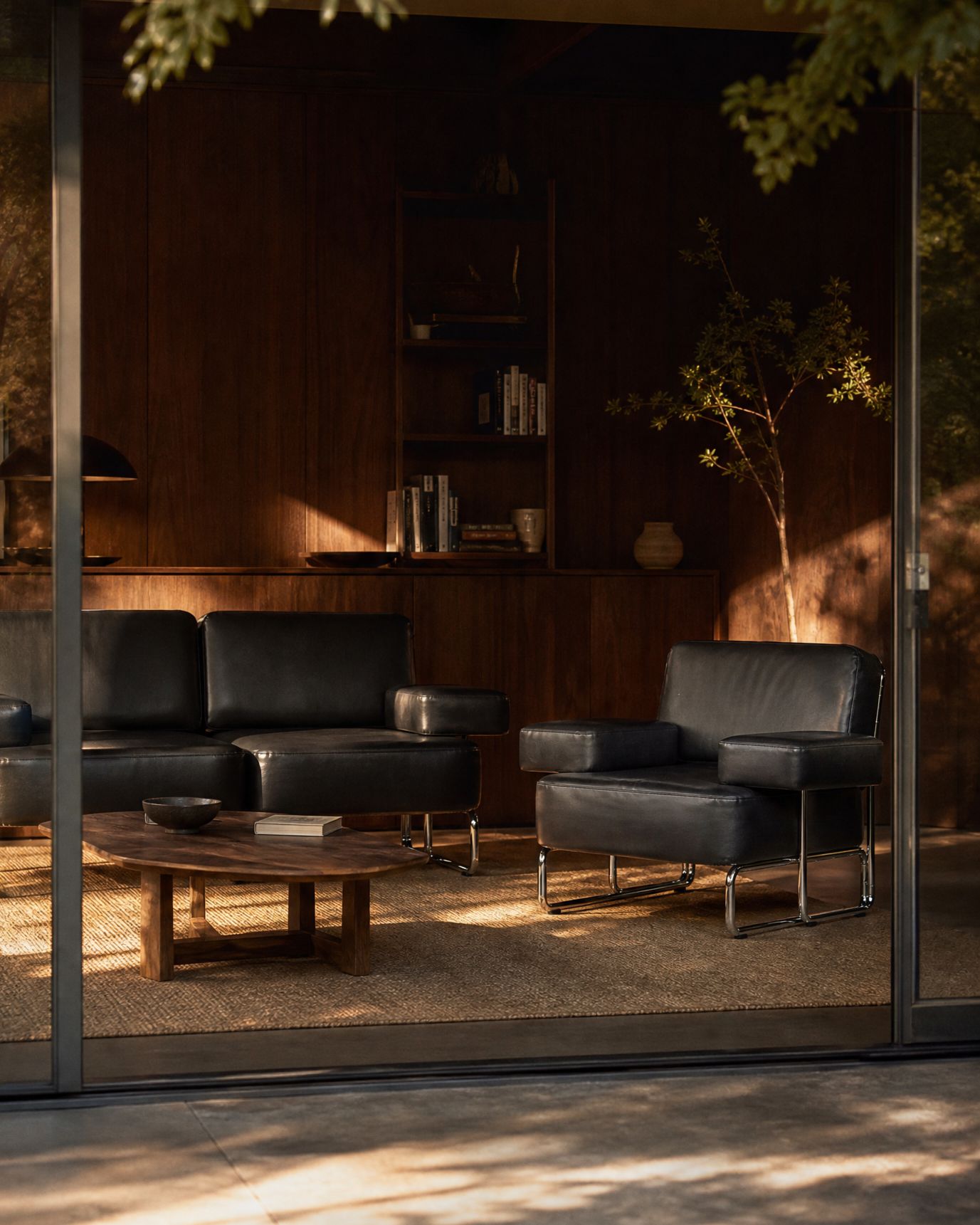 A modern living room scene viewed through large glass doors, featuring two black leather armchairs and a matching sofa, a wooden coffee table, and warm sunlight streaming across the interior.